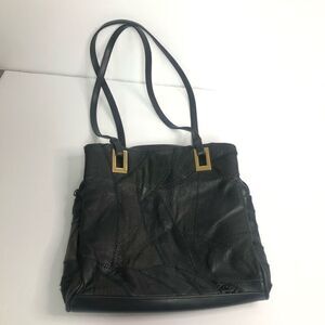 vintage faux leather patchwork black handbag gold tone hardware grandma core